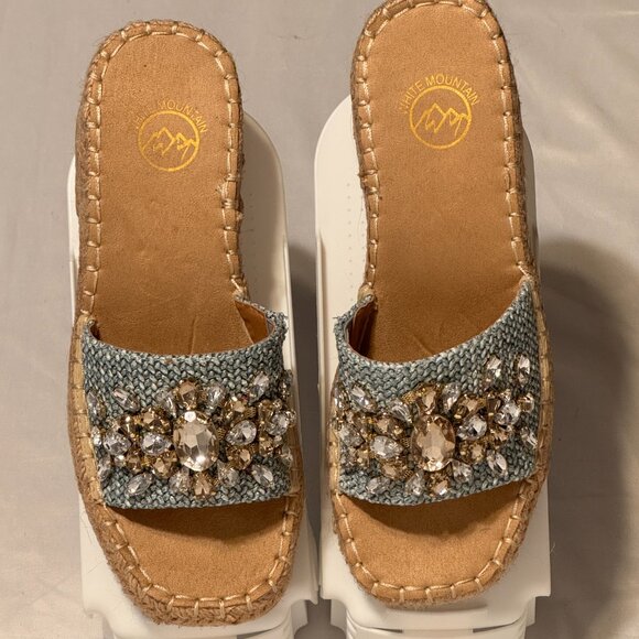 (6.5) BLUE SLIP-ON JEWELED PLATFORM WEDGE SANDAL JUTE WRAPPED ESPADRILLE BOTTOM - Picture 6 of 11